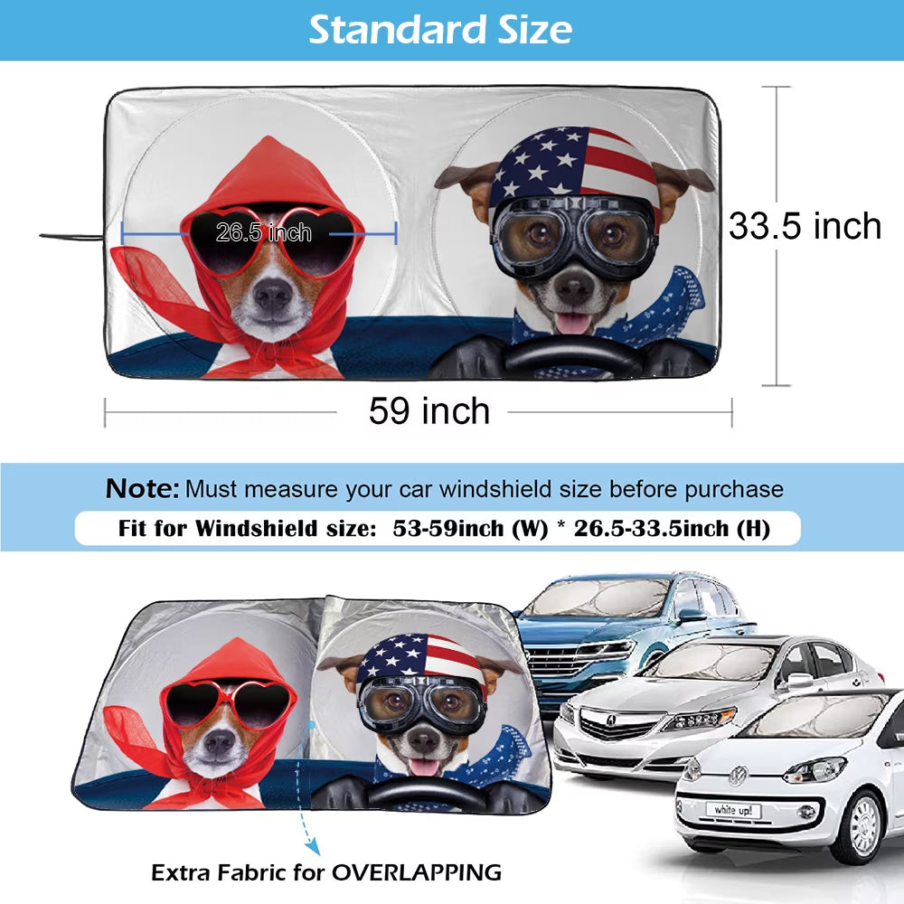 Auto Car Jumbo Sunshade Foldable Windshield Sun Shade Visor with Funny Dog Driving Pattern Design (59"X33") for Heat Block Wind Shield Screen UV Rays Full Protection, Trucks Suvs Vans